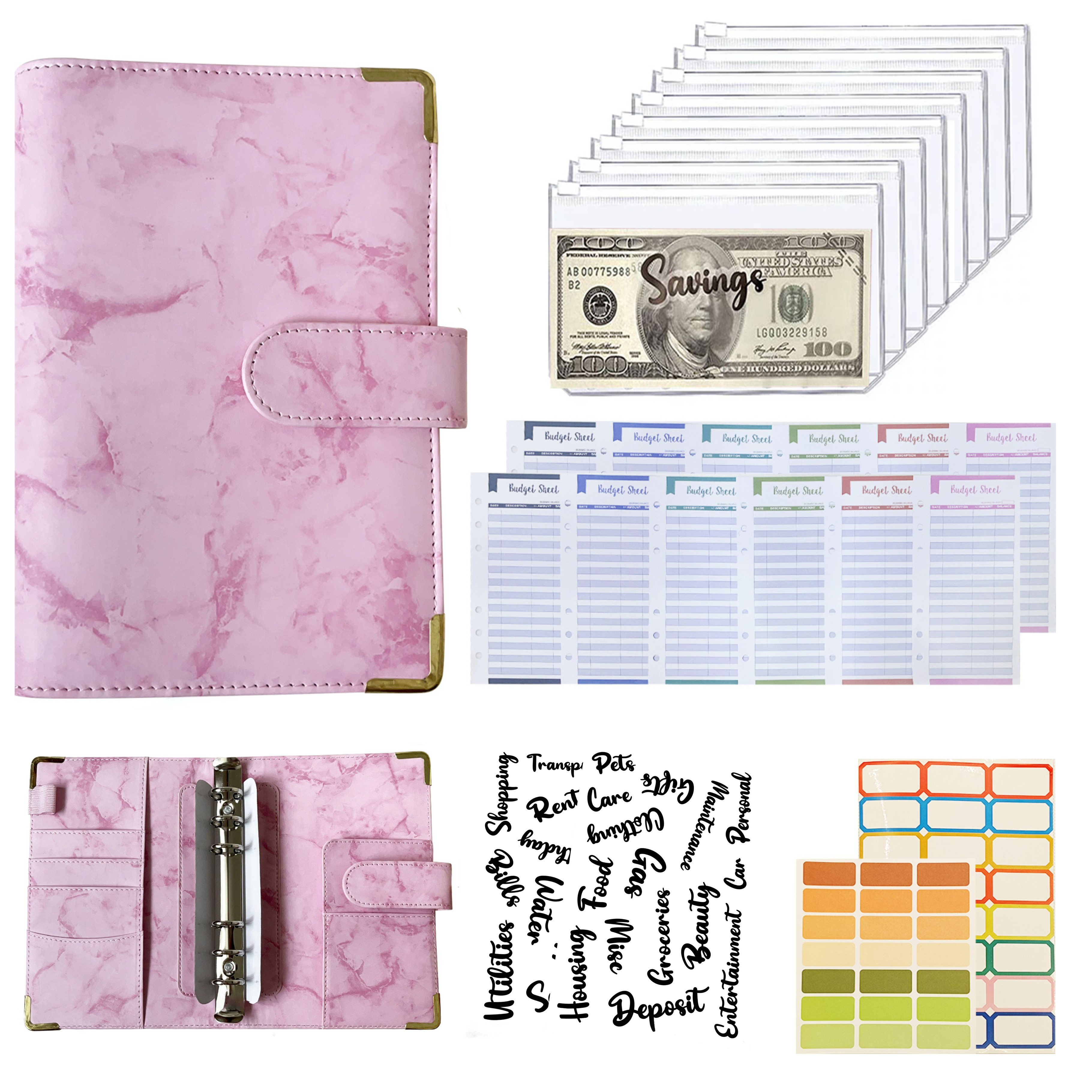 A6 Budget Binder Pink with Accessories - Money Planner Organizer
