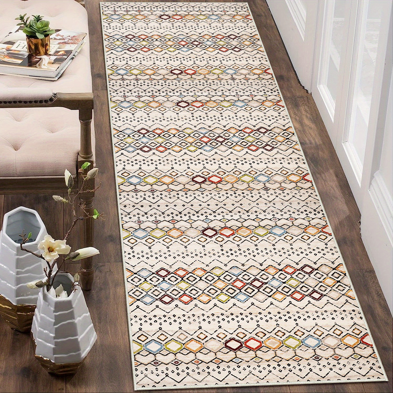 Beige & White Vinyl Floor Mat With Boho Design, North African Berber Art.  Tribal Moroccan Design on Beige Background. Kitchen Rug, Area Rug. 