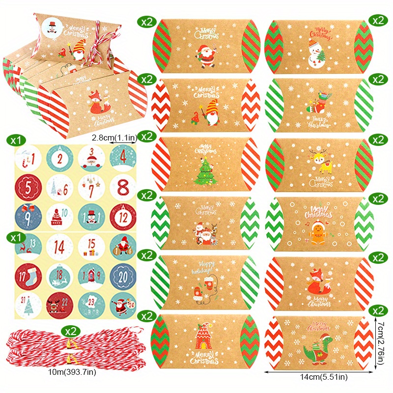 Image of 24-sets Countdown To Christmas Treat Boxes Advent Calendar Gift Box Pillow Shape Paper Boxes For Xmas Party Present Wrapping Supplies