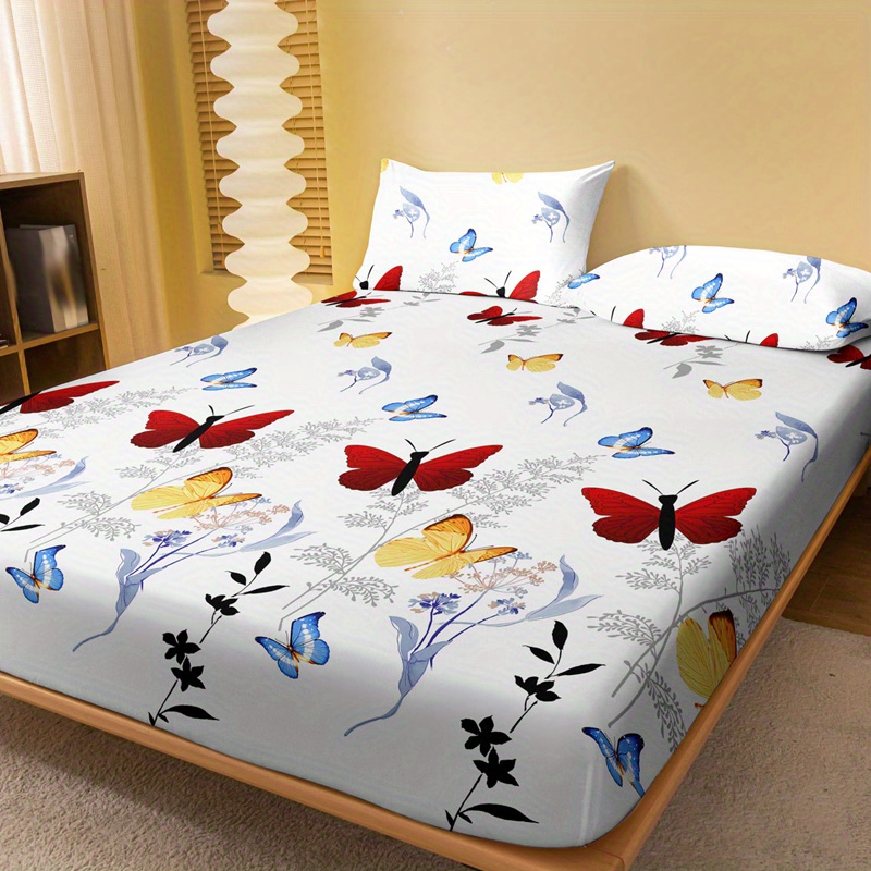 1pc brushed fitted sheet soft comfortable butterfly floral print bedding fitted sheet for bedroom   with deep pocket fitted bed sheet only without pillowcase details 2