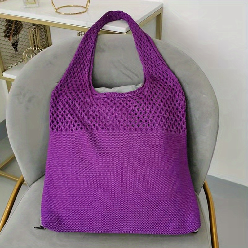 Bangyan Women Crochet Beach Bag Fishing Net Handbag Large Capacity Hollow Grocery Bag Soft Knitting Shoulder Bag Casual for Picnic Party(Purple)