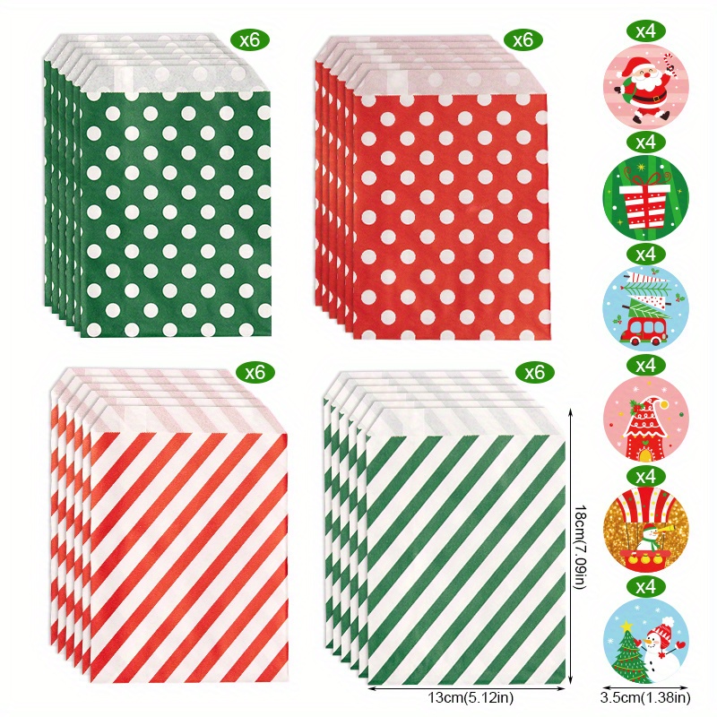 TEMU 24pcs Christmas Paper Bags With Stickers Red Stripe Gift Pouch Xmas Party Favor Treat Bags Holiday Present Wrapping Supplies