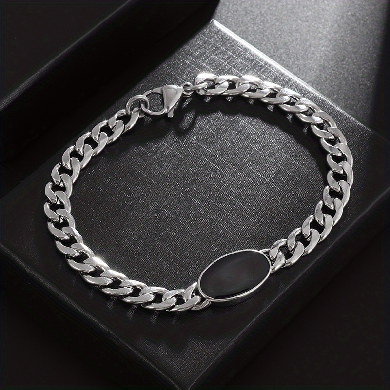 Image of 1pc Trend Cuban Chain Black Oval Charm Bracelet Classic Bracelet Men Women Party Jewelry Gifts