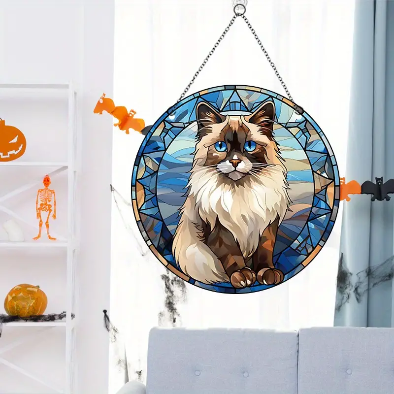 1pc halloween round acrylic window decoration blue elements blue eyes black feet cat painted glass panel home party supplies acrylic window decoration wall chart details 3