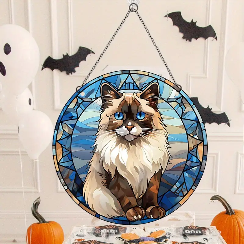 1pc halloween round acrylic window decoration blue elements blue eyes black feet cat painted glass panel home party supplies acrylic window decoration wall chart details 2