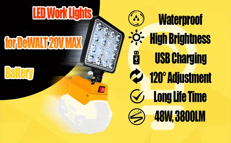 Taingwei Lampe LED sans fil 2000lm, compatible avec la batterie Dewalt 18V  54V, lampe de travail 18W, pour le camping, la réparation de voiture,  l'urgence : : Bricolage