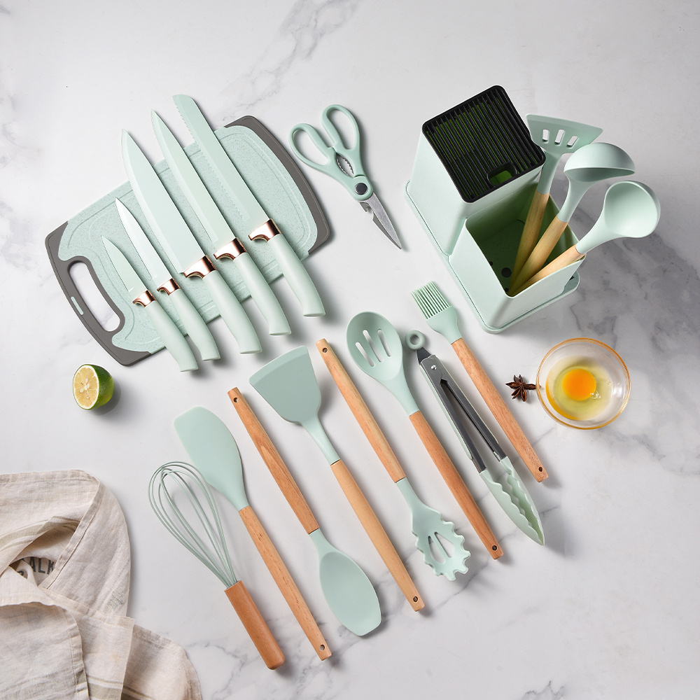 19Pcs Silicone Kitchen Utensils Set Non-Stick Cookware For Kitchen Wooden  Spatula Egg Beaters Kitchenware Accessories