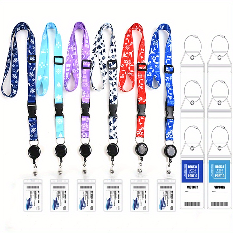 6pcs Cruise Lanyards, Retractable Carnival Cruise Lanyard with 6 Waterproof ID Badge Holders and 6 Waterproof Luggage Tag Holders Set, Adjustable