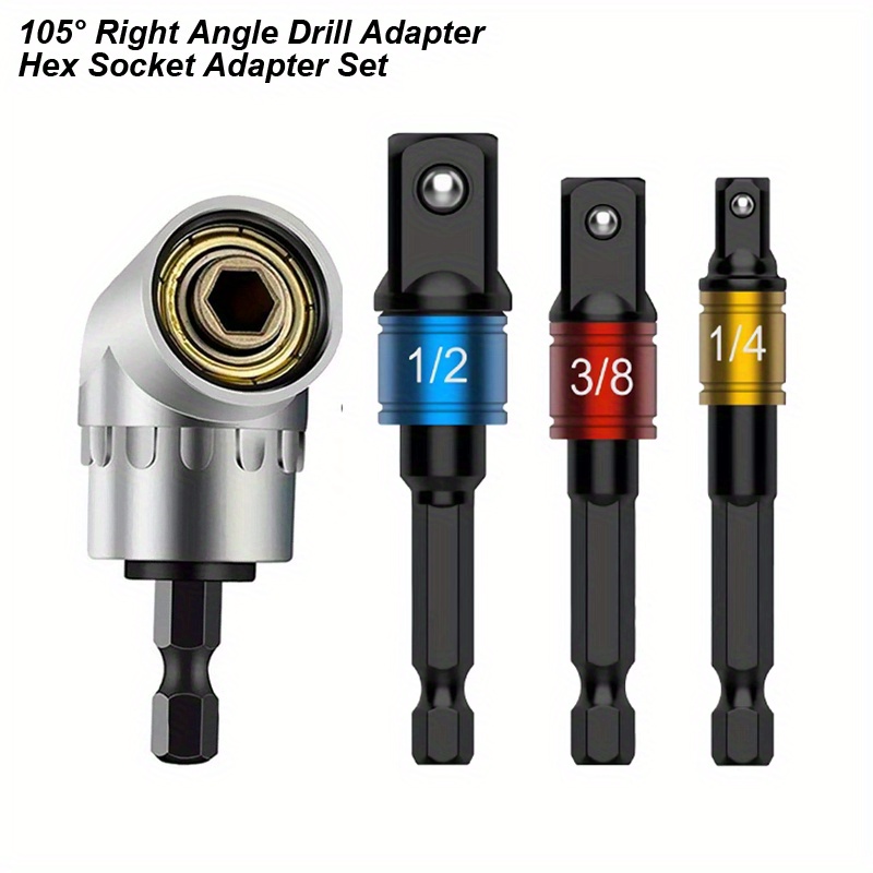Image of Impact Hand Tools Driver Sockets Adapter Extension Set 1/4 3/8 1/2 Hex Shank Drill Nut Driver Bit Set And 105 Degree Right Angle Driver Extension Screwdriver Drill Attachment