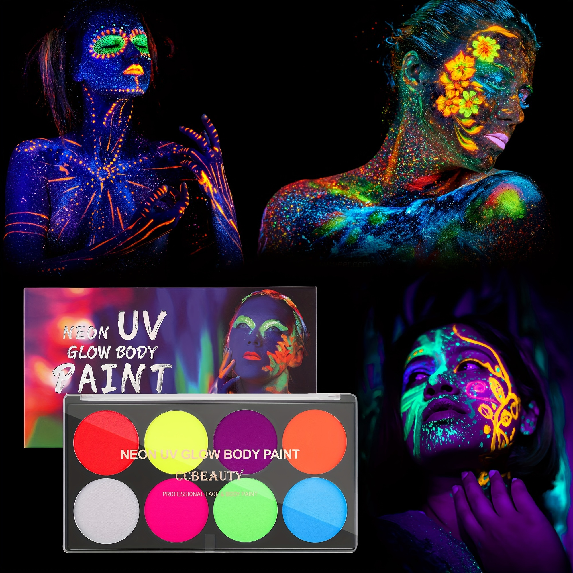 CC Beauty UV Glow Face Body Paint Palette, 8 Neon Glow In Black Lights Face  Paint Kit, Water Activated Eyeliner, Safe Washable Adult, Halloween Makeup