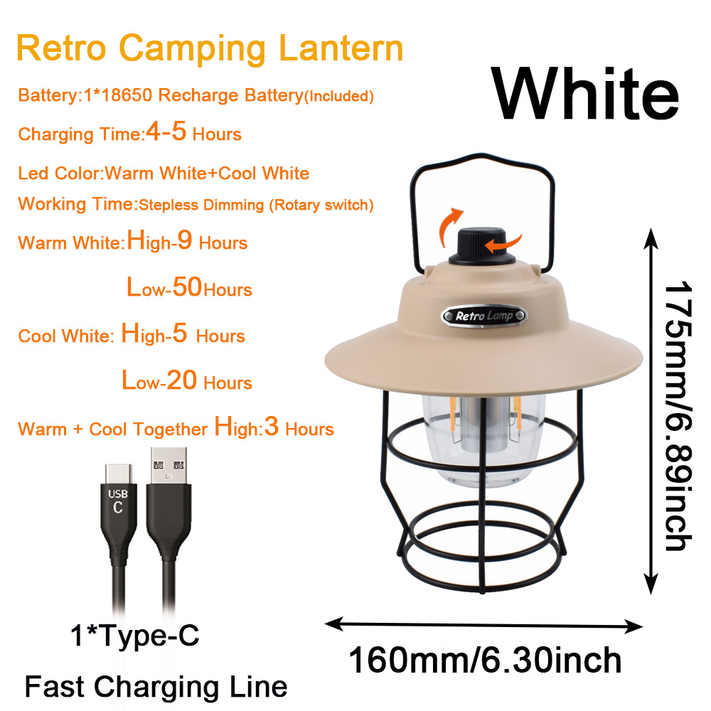 Camping Lantern, Dimmable LED Lamp Type C Rechargeable Vintage