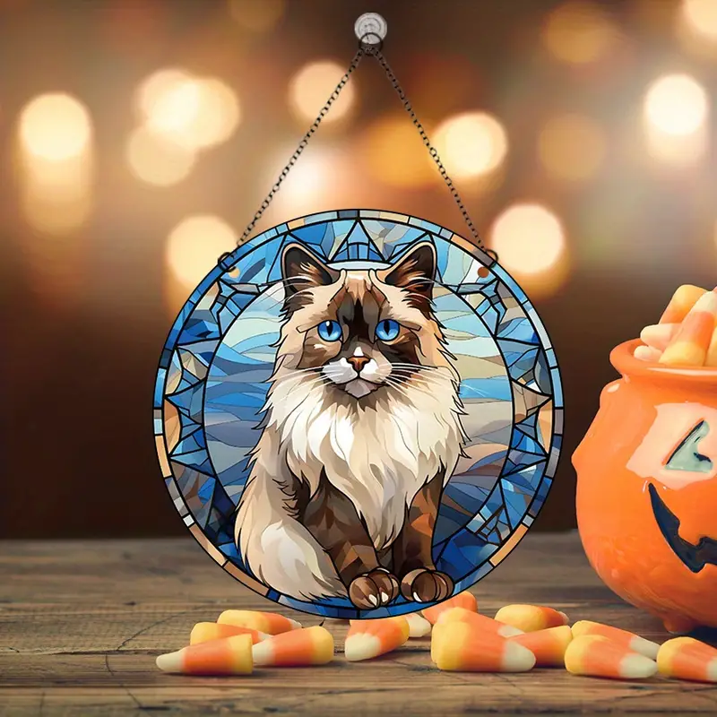 1pc halloween round acrylic window decoration blue elements blue eyes black feet cat painted glass panel home party supplies acrylic window decoration wall chart details 0