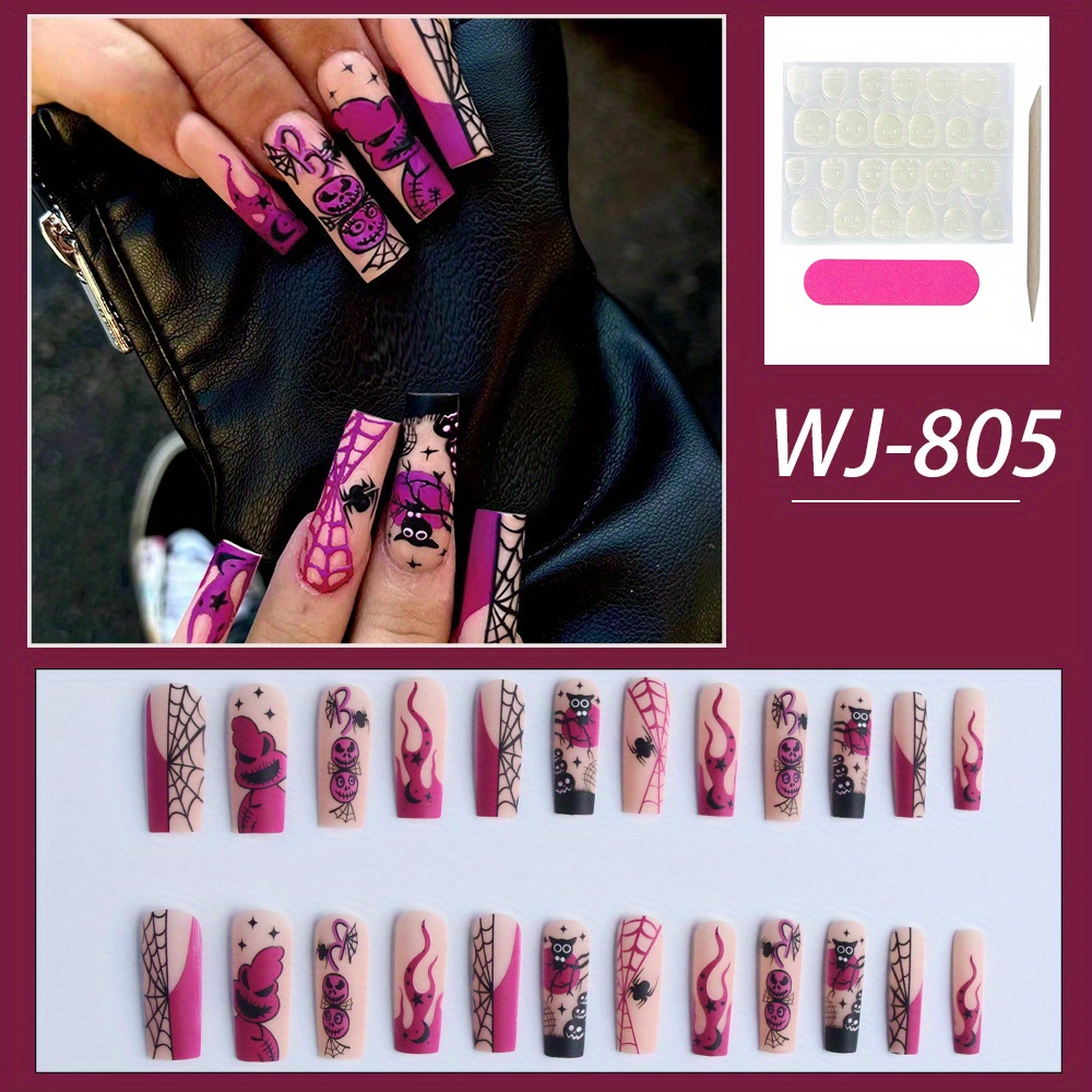 24 Pcs Halloween Coffin Shape Press on Nails,Medium Length Pink Ghost with  Spider Web Designs Ballet Fake False Nails with Glue,Nail Art for Women and  Girls Stick on Nails 