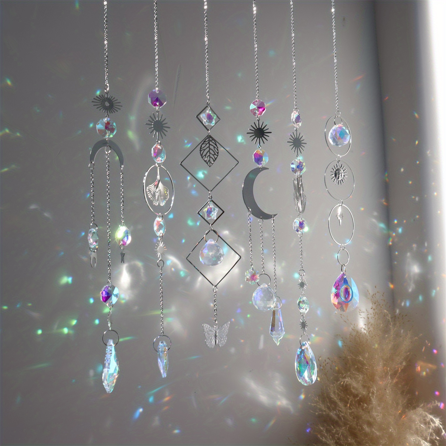 Sun Catchers, 6 Pieces Colorful Suncatchers Decorative Hanging Clear  Crystal Prism Rainbow with Silver Moon Sun Metal Forms Suncatcher Kit for  Window