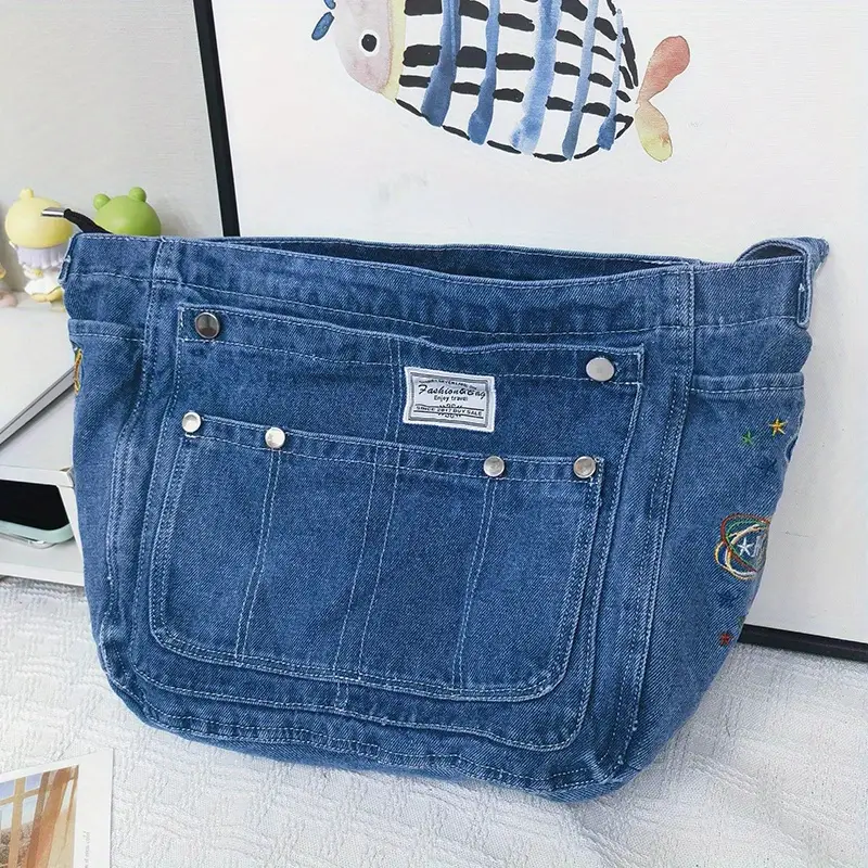 Denim Bag Commute Bag Multi-Pockets Crossbody Bag Vintage Satchel (Dark  Blue)