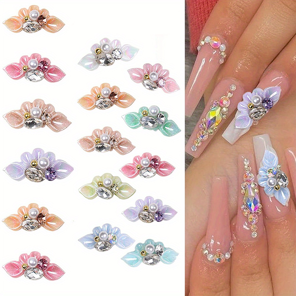 Flower Nail Art Charm With Rhinestones And Pearls 3d Flower - Temu