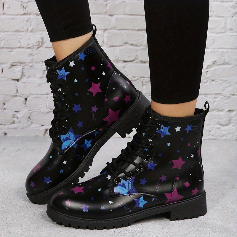 Women s Star Print Ankle Boots Round Toe Lace Up Flat Combat Boots Fashion Non Slip Short Boots