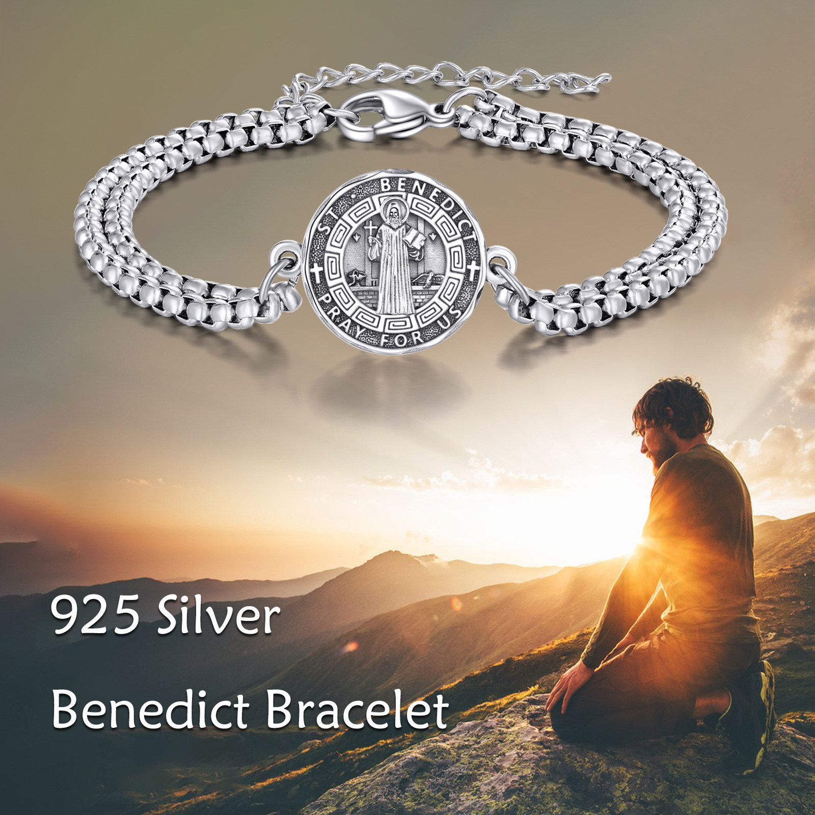 Men's Sterling Silver Saint Benedict Bracelet, Religious Gift