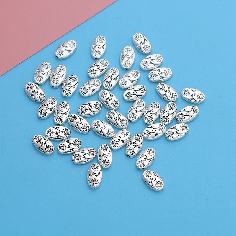 Image of 40pcs/30pcs Of Vintage Silvery Oval Flower Spacer Beads, Antique Silvery Plated Loose Beads For Jewelry Crafting, Bracelet Additions, Projects
