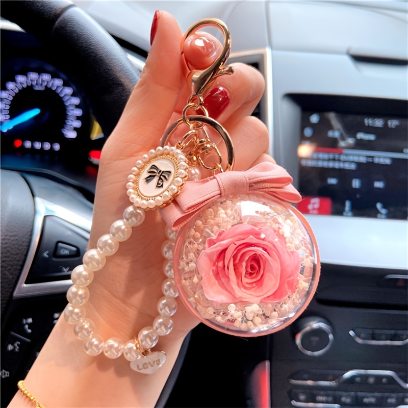 Pink Flower Bag Charm Keychain Key Fob Pearl Bling Charm Keyring