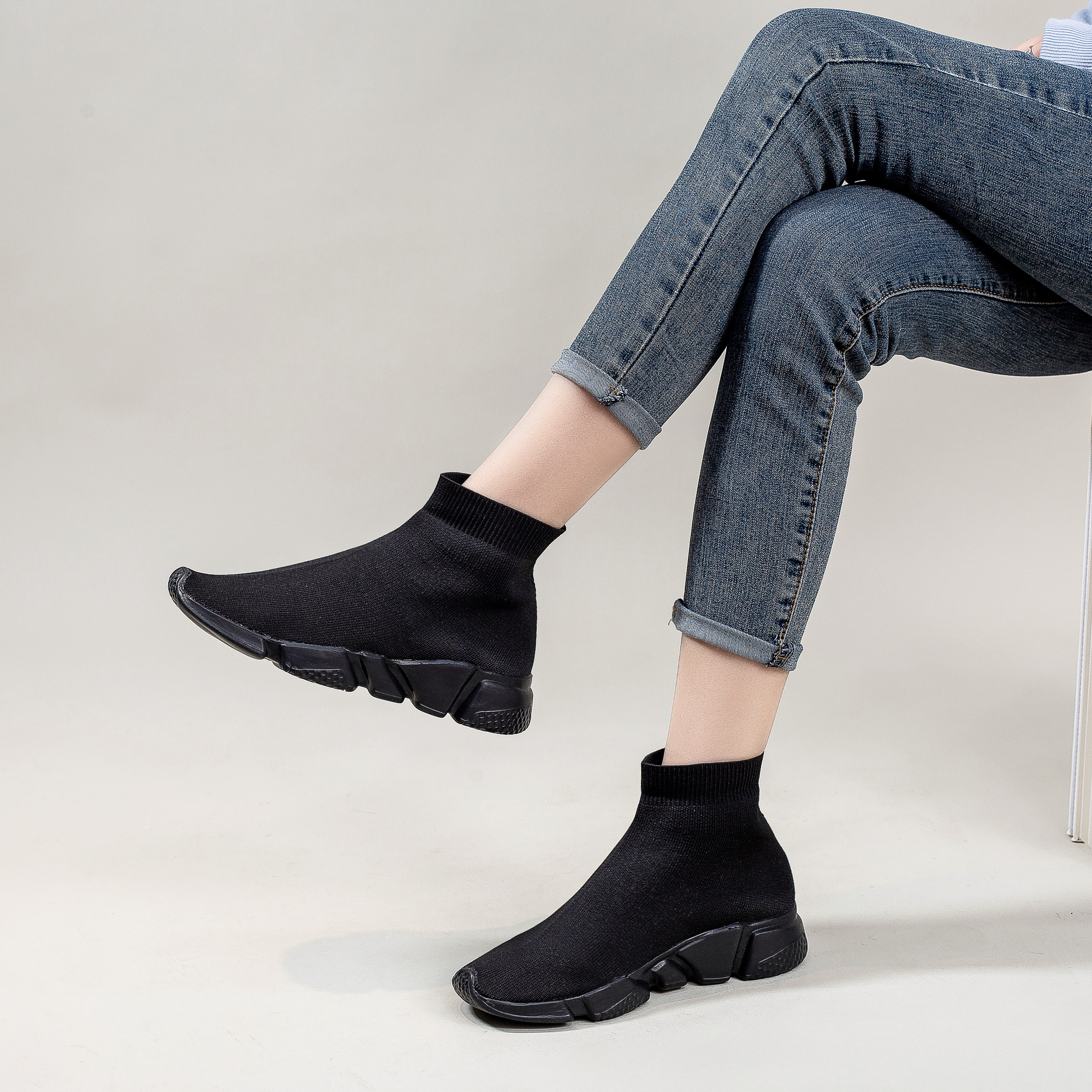 Womens High Top Wedge Sock Sneakers Black Breathable - Temu