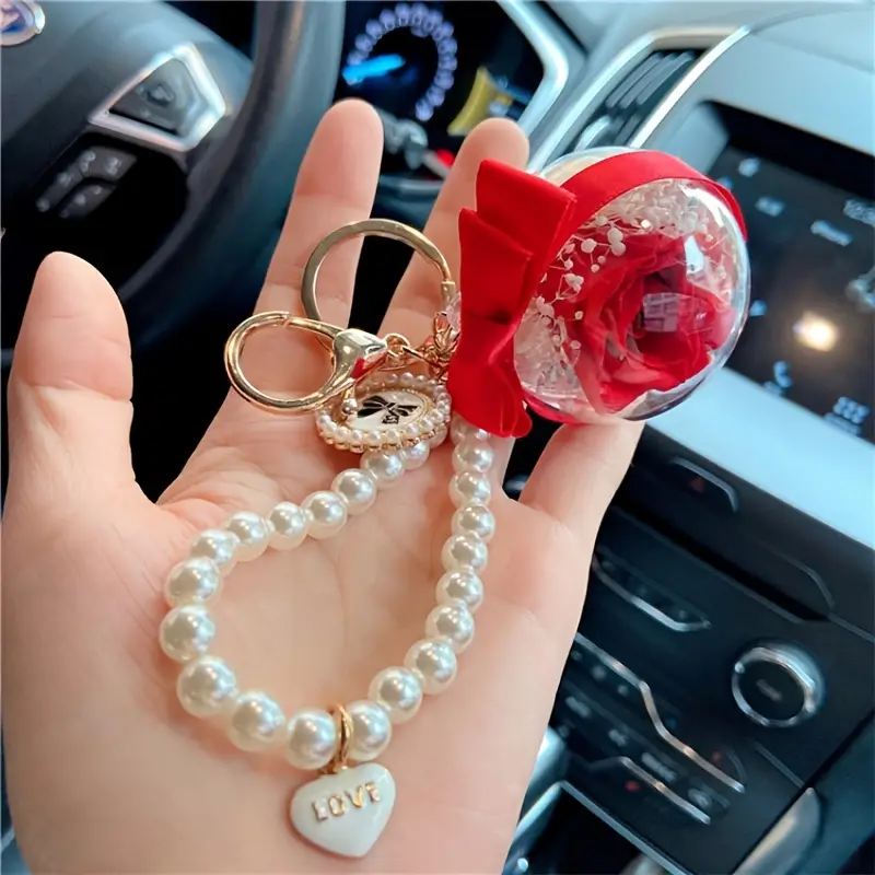 Rose Heart Shape Faux Pearl with Bow Keychain Keyring Ornament Bag Purse Charm Accessories Valentine's Day Gift,Red,$4.99,Temu