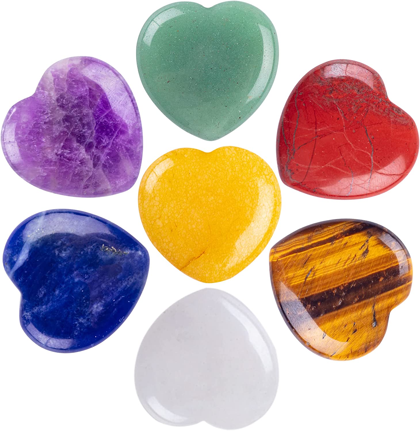 7pcs Chakra Heart Stones Natural Heart Shaped Love Gemstones Healing  Crystals Polished Set Thumb For Chakra Reiki Meditation Energy Balancing  0.8 Inch