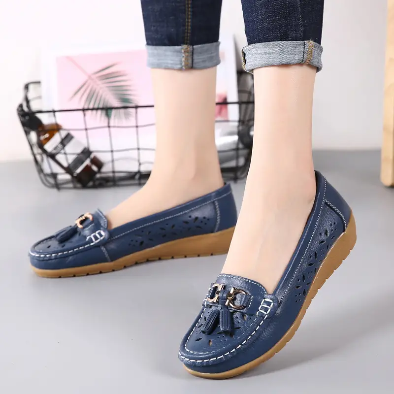 womens hollow out design loafers breathable comfortable slip on shoes solid color flat shoes details 4