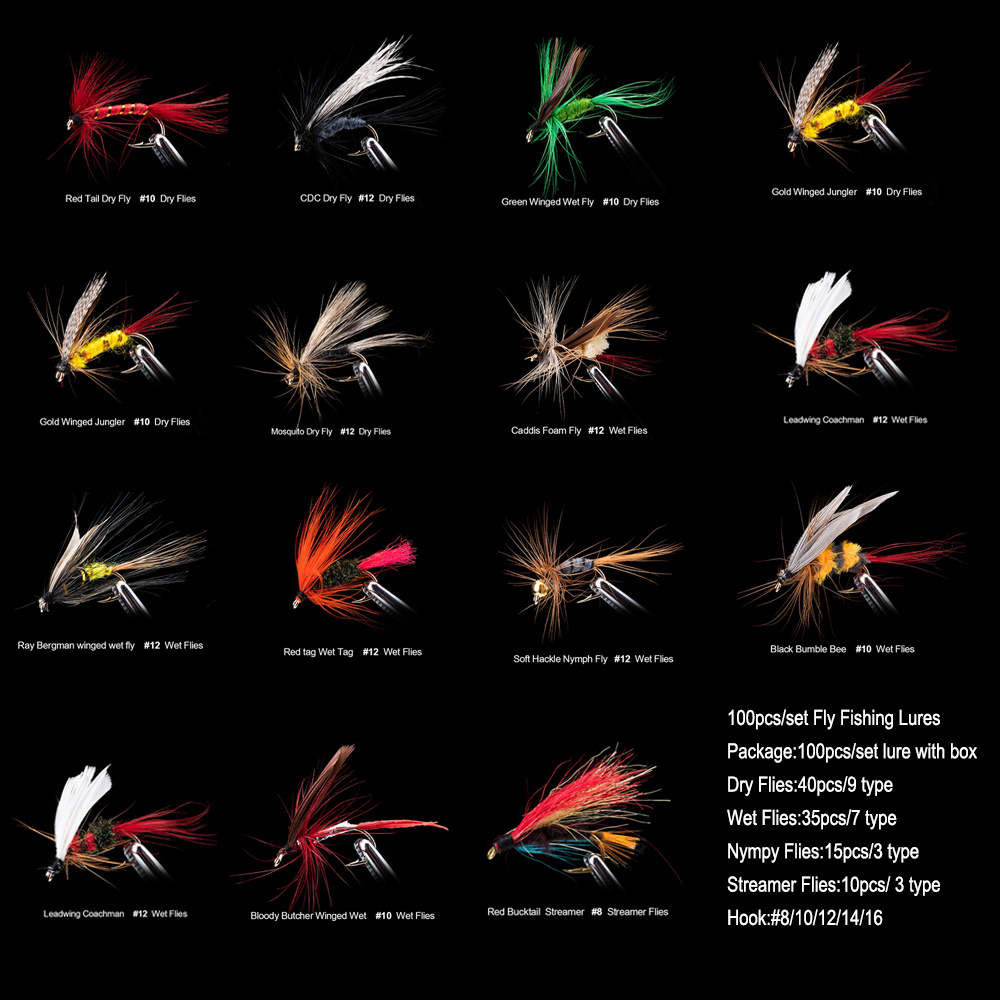 Goture 100pcs/lot Fly Fishing Lures Set Dry Wet Flies Nymph