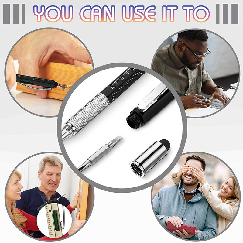 1pc red yellow blue black white touch drawing pen 7 in 1 multifunction ballpoint pen with modern handheld tools measuring technology ruler screwdriver touch screen stylus level details 1