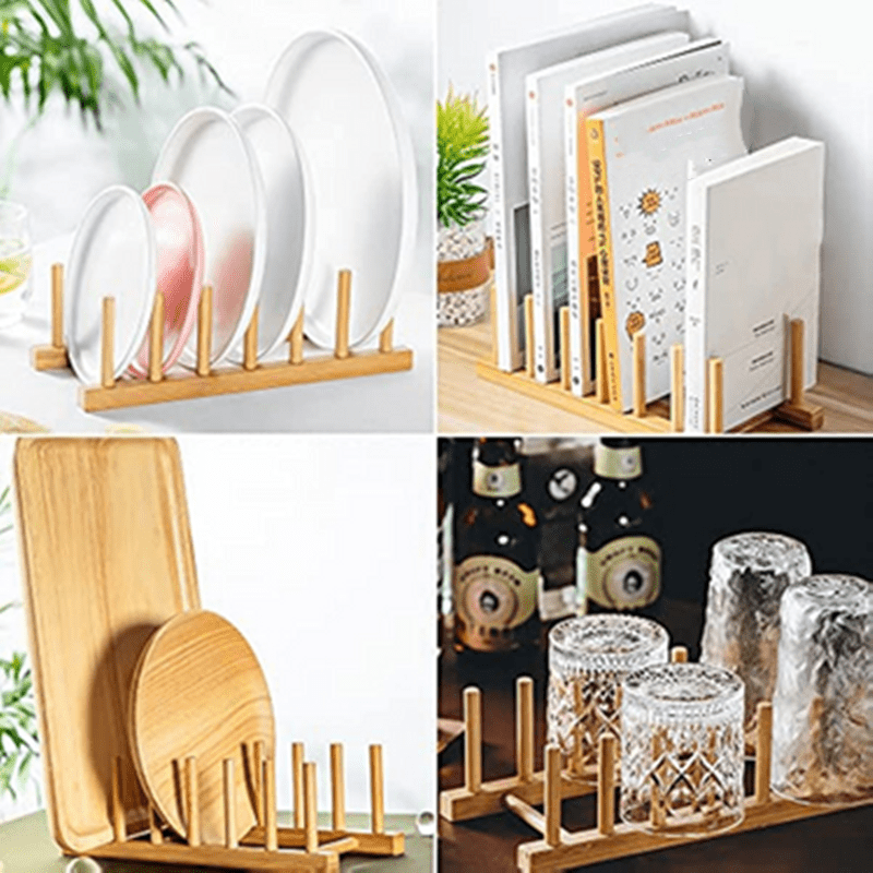 2pcs bamboo wooden dish rack plate wooden stand pot lid holder kitchen cabinet organizer dish drying rack for bowl cup cutting board holder dish drainer for kitchen counter top details 3