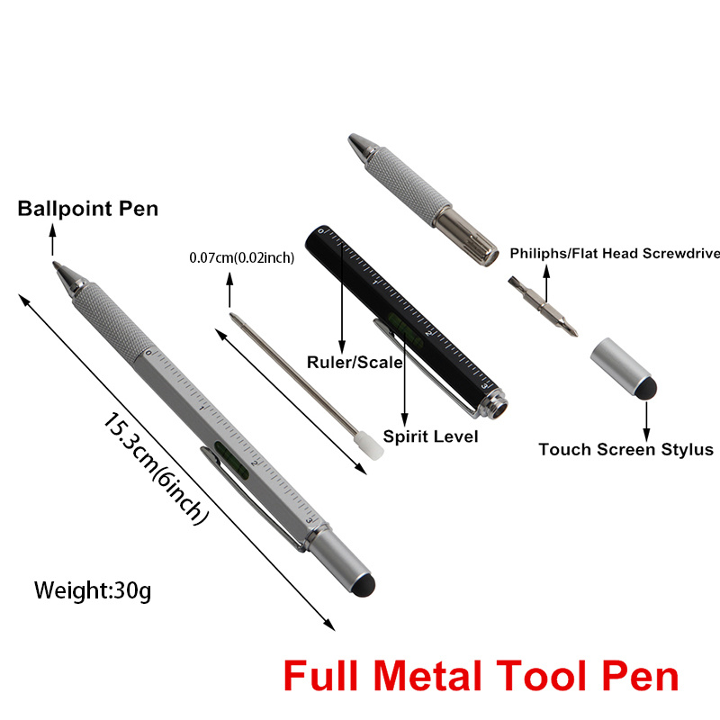 1pc red yellow blue black white touch drawing pen 7 in 1 multifunction ballpoint pen with modern handheld tools measuring technology ruler screwdriver touch screen stylus level details 3