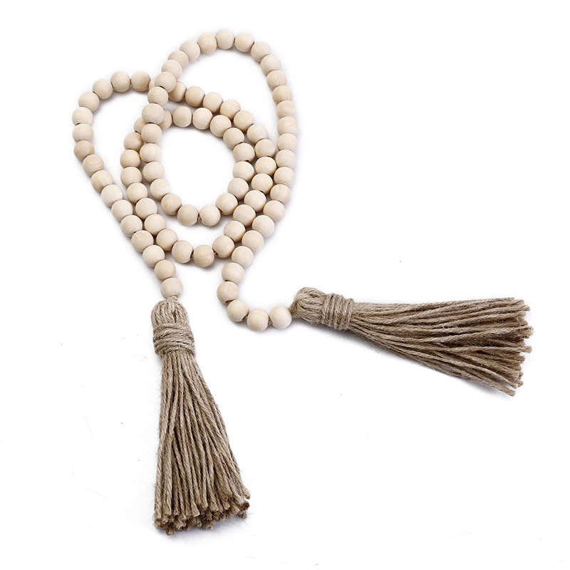 57in Wood Bead Garland with Tassels Farmhouse Beads Decor Natural