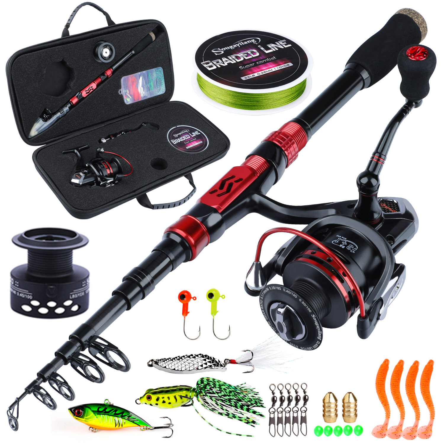 Sougayilang Fishing Rod And Reel Combos, Including Telescopic Fishing Pole,  5.2:1 Gear Ratio 13+1BB Spinning Reel, Fishing Lure Bait And Line, Hook Ac