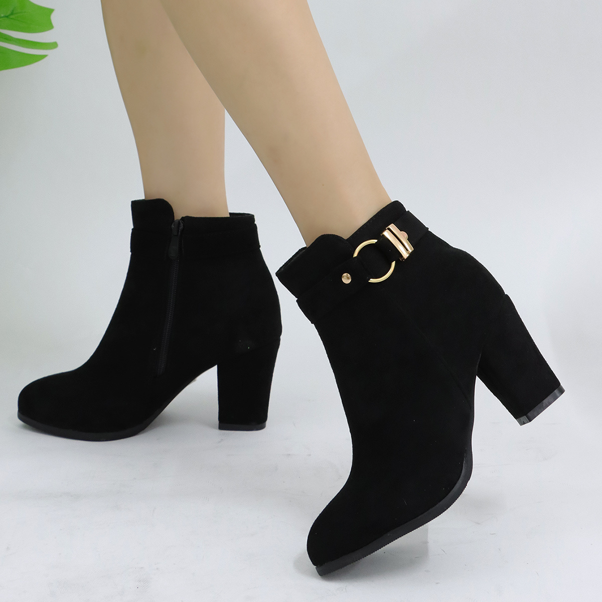 Women's Black Chunky High Heel Ankle Boots, Metal Buckle Decor Side Zipper  Shoes, Comfortable Short Boots - Temu Italy