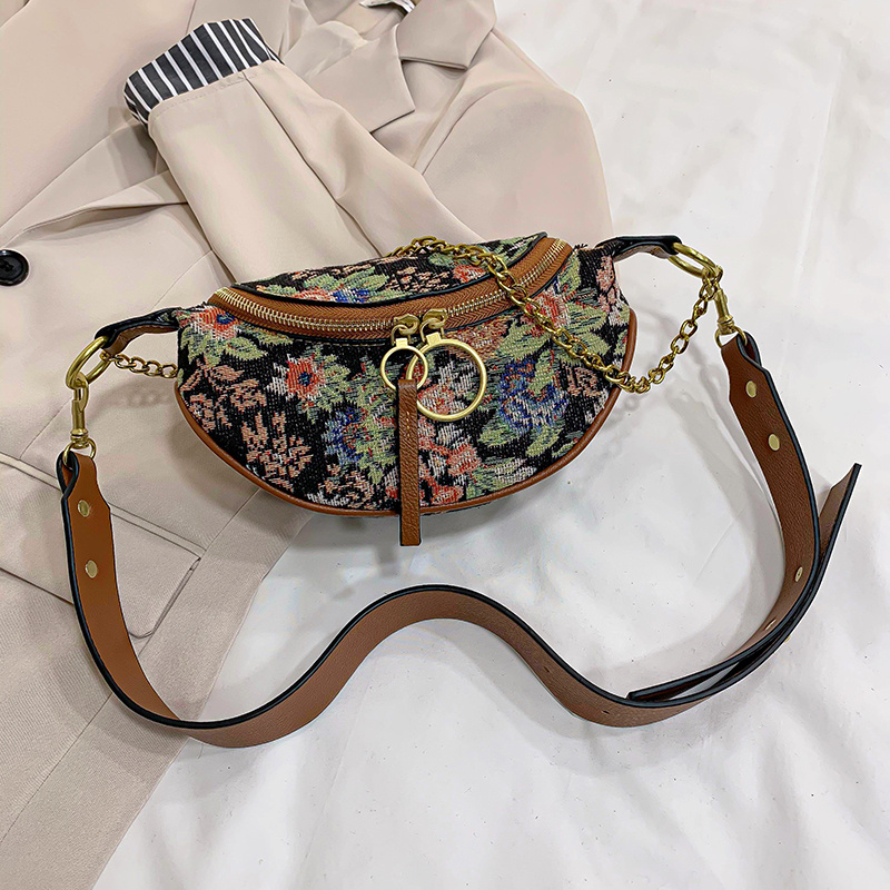 Floral Graphic Waist Bag Vintage Chain Decor Shoulder Bag Trendy Double Zipper Crossbody Purse 4683