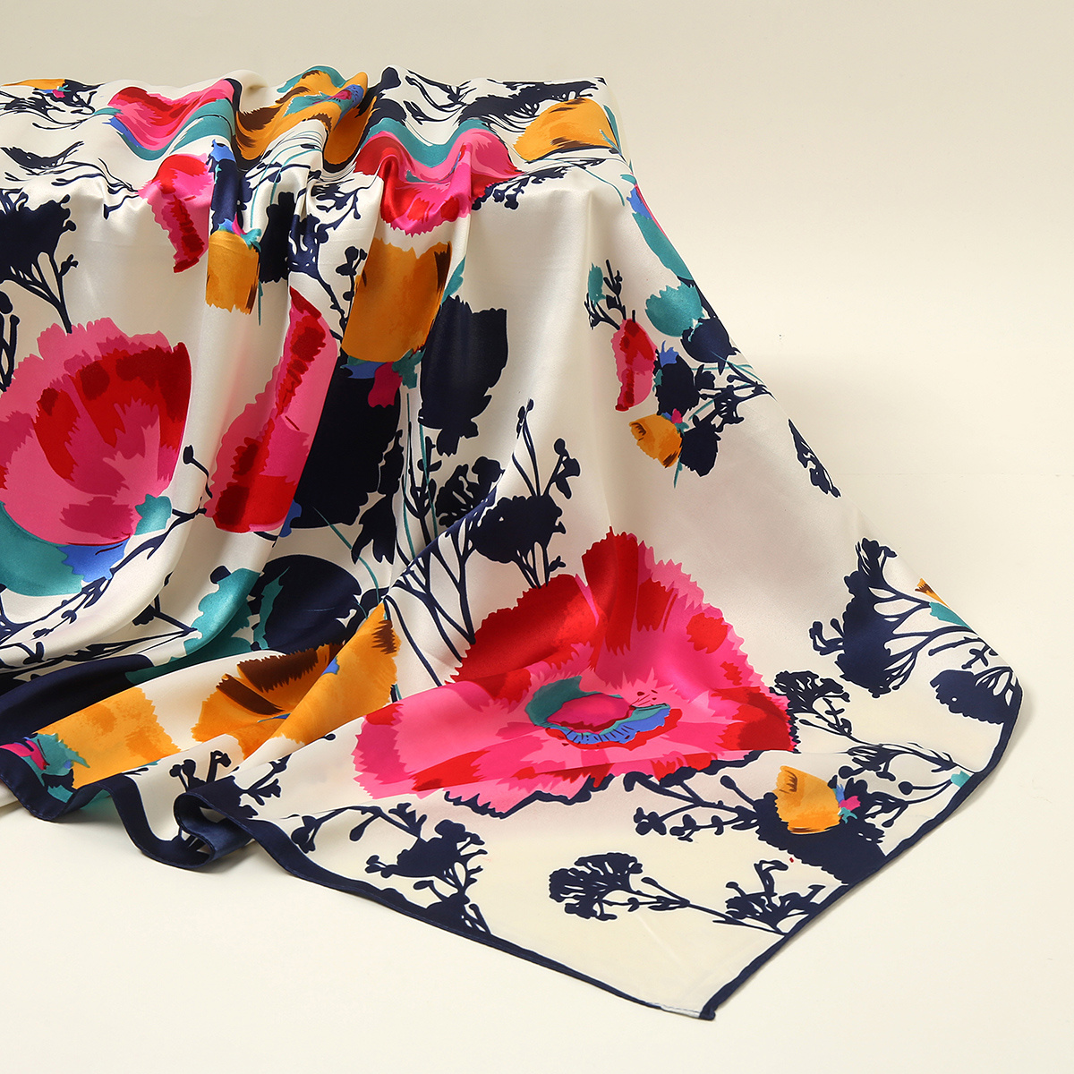 Tea Silk Scarfs for Women Floral Print Satin Scarf for Headscarf