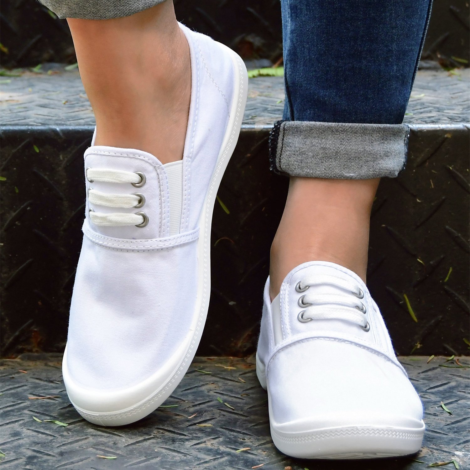  Rvidbe Zapatillas blancas para mujer, sin cordones, de lona,  planas, clásicas, cómodas, deportivas, para caminar, mocasines, Blanco :  Ropa, Zapatos y Joyería
