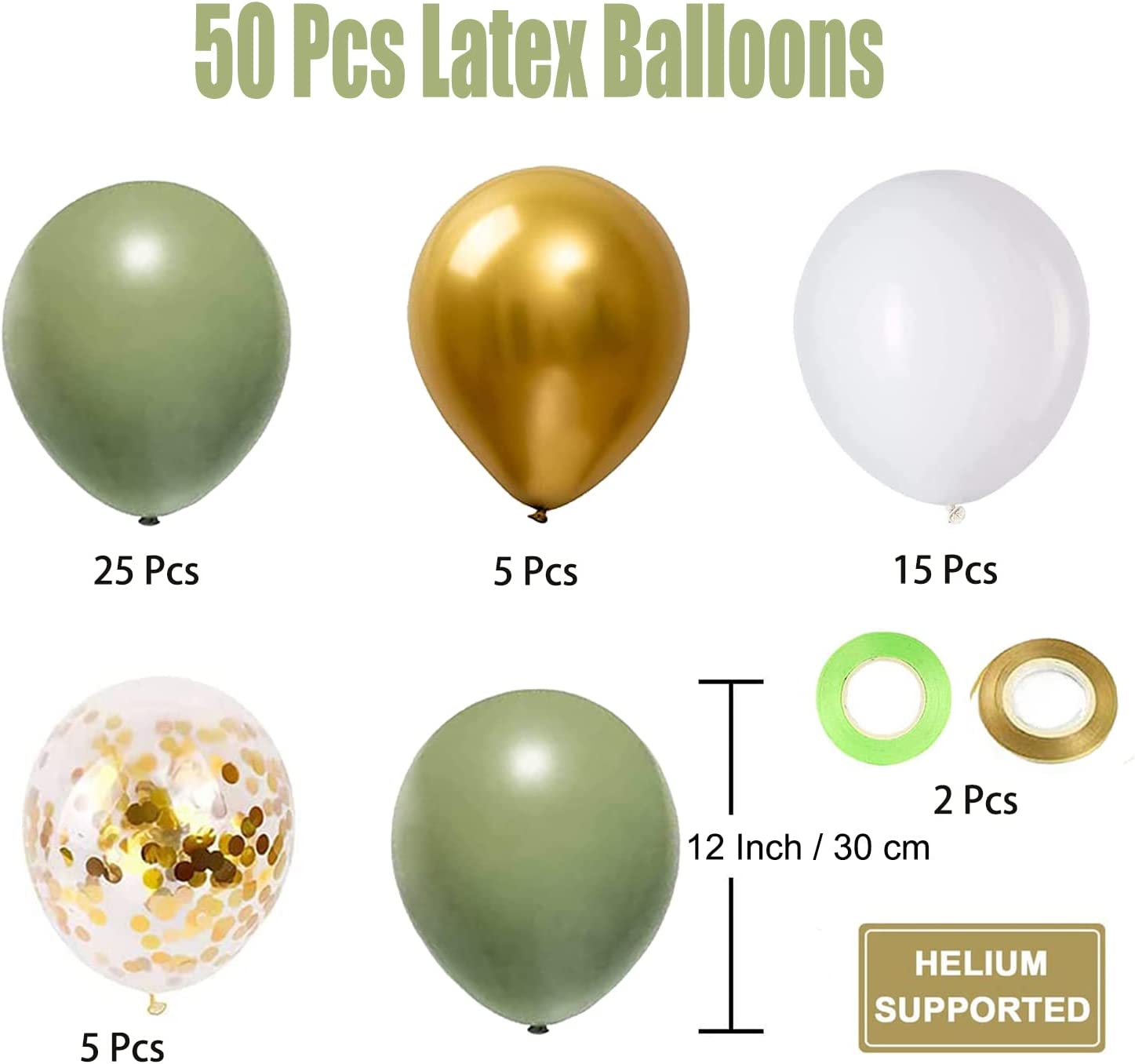 Balloons Sets Retro Avocado Green Balloons White Golden Confetti ...