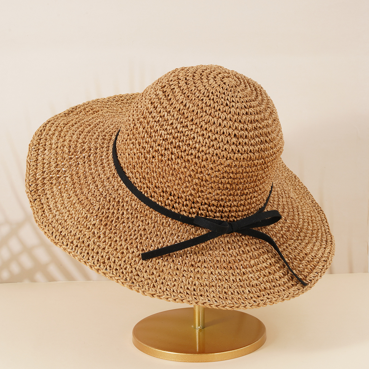 Boho Straw Hat with Thin Bow Tie for Beach Travel