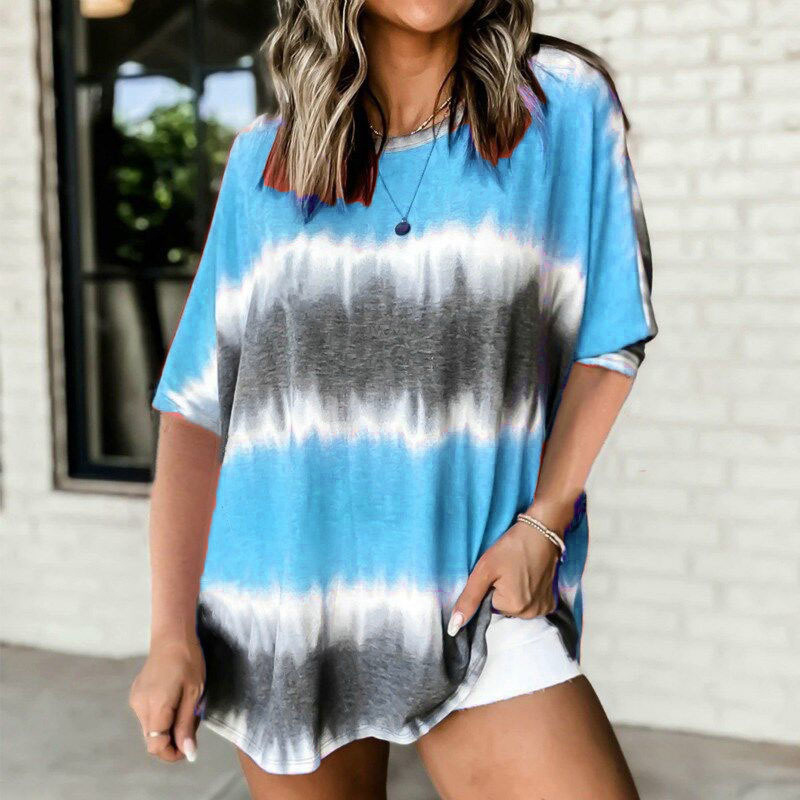 Plus Size Casual T-shirt, Women's Plus Tie Dye Short Sleeve Round Neck Medium Stretch Top details 1