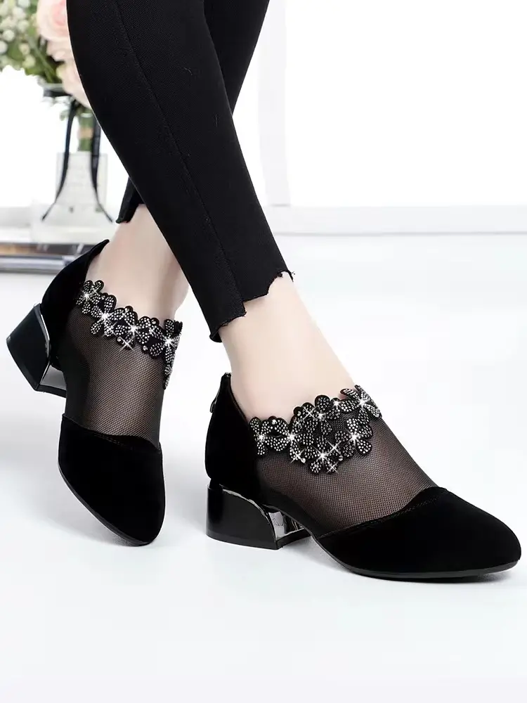 rhinestone mesh block heels women s flower fashion back detalles 0