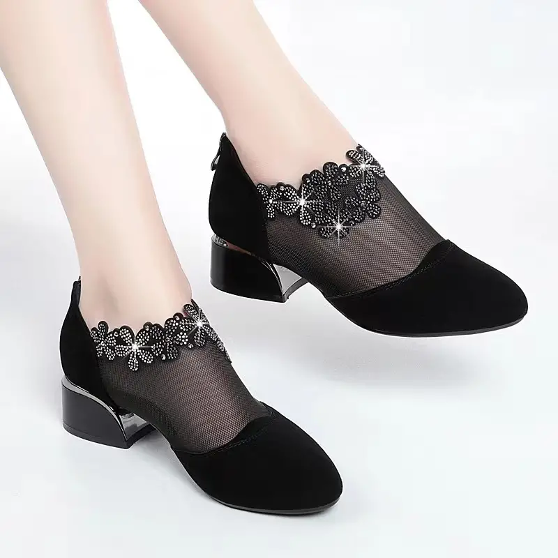 rhinestone mesh block heels women s flower fashion back detalles 2