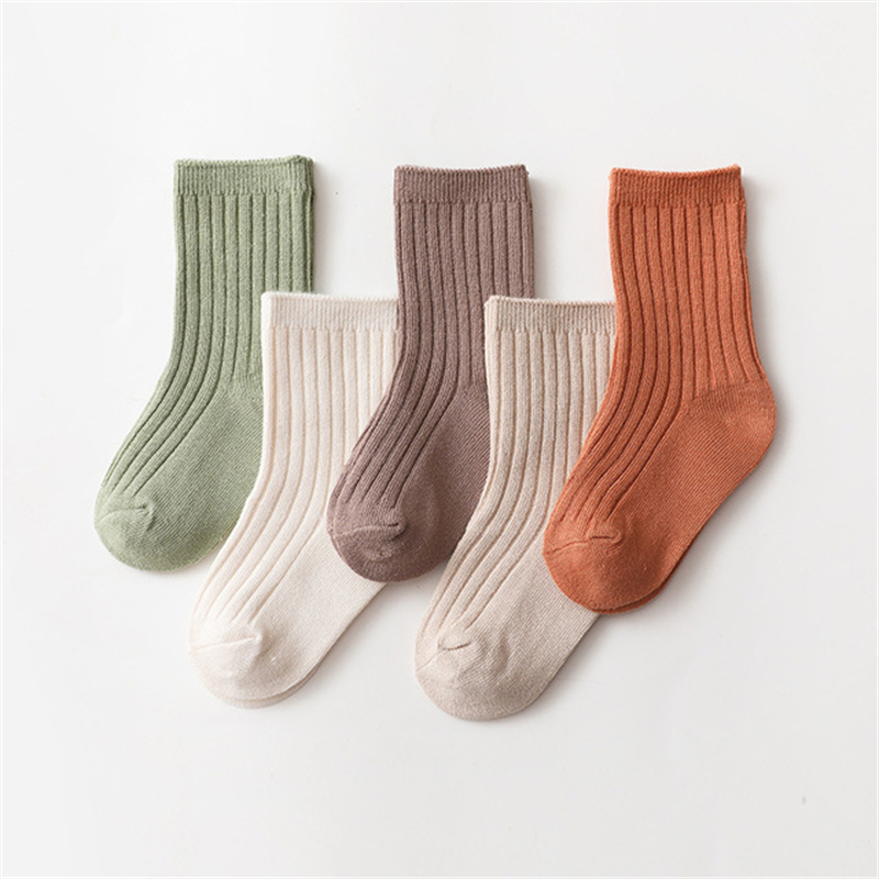 Image of 5-pair Children's Socks For Girls And Boys, Striped And Solid Color Spring/autumn Knitted Socks For Toddlers And Newborns