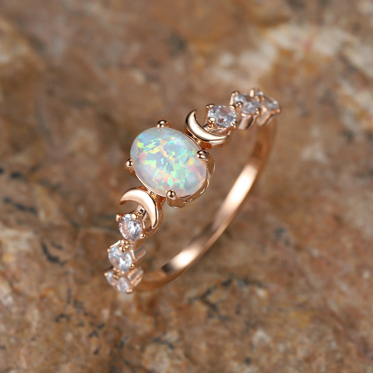 Image of Rainbow Synthetic Opal Ring | Rose Golden Color, Small Moon Rings, Elegant Vintage Style, 14k Golden Plated, Engagement Ring For Women, Suitable For Daily And Party Occasions