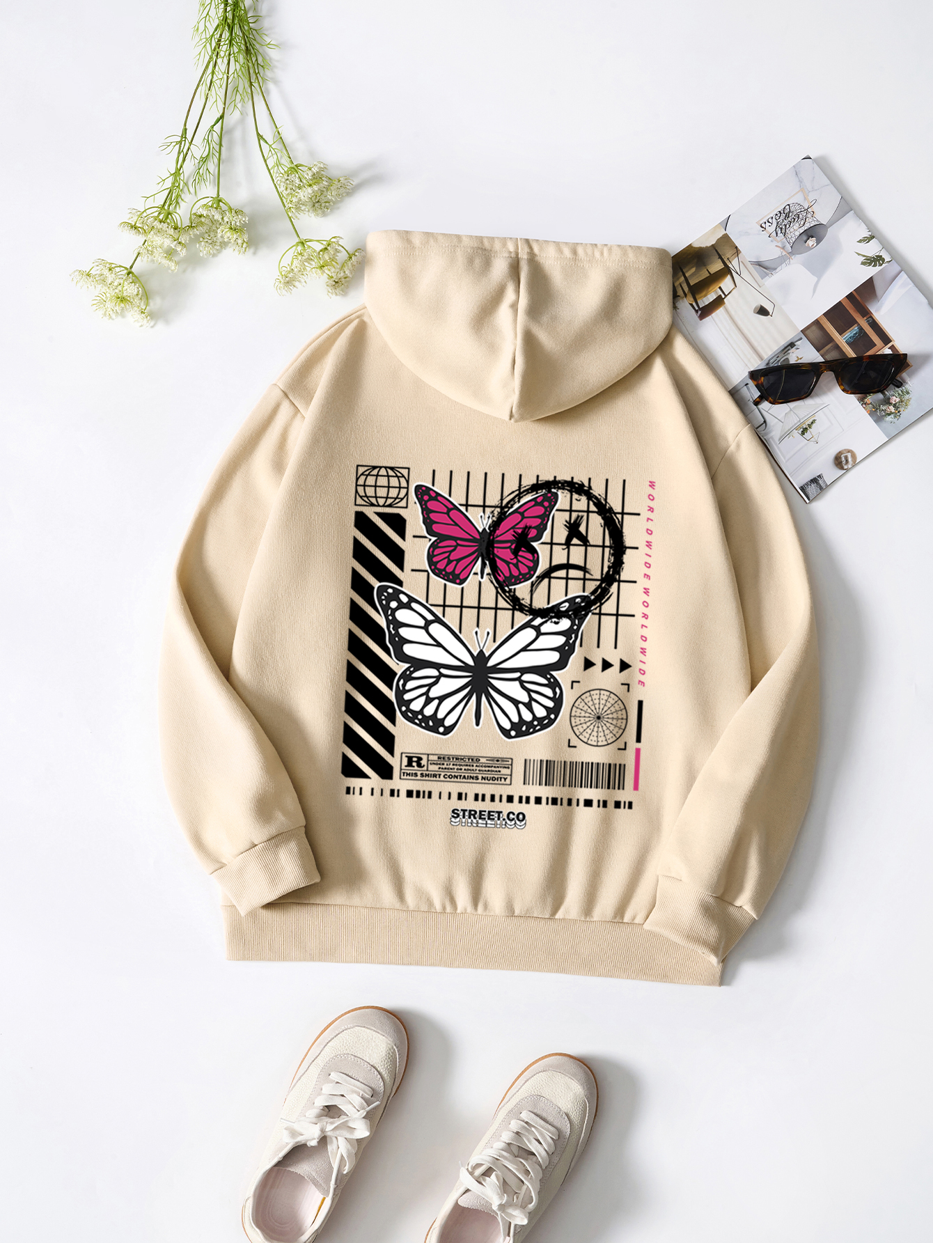 Butterfly Print Kangaroo Pocket Hoodie Casual Long Sleeve Temu