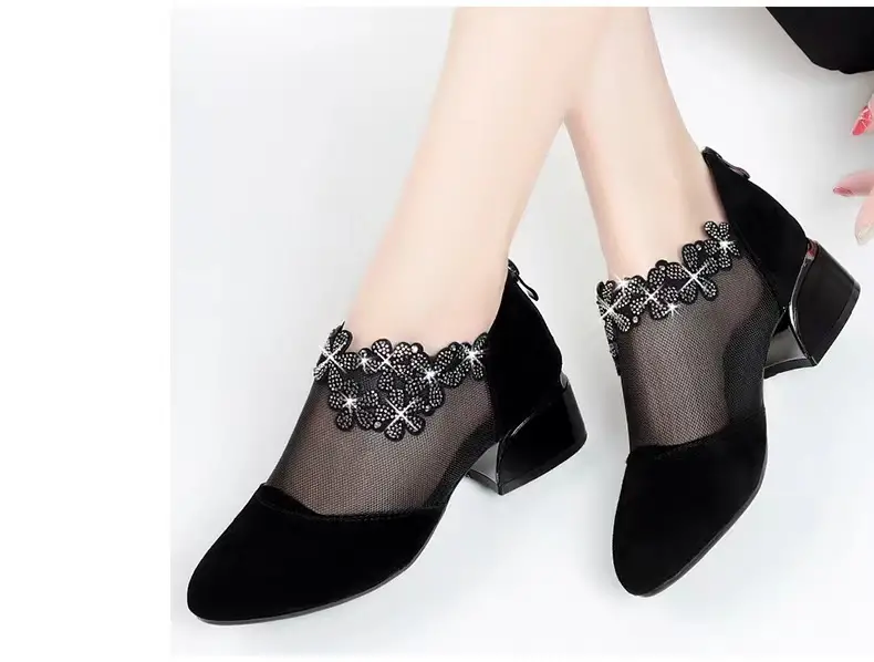 rhinestone mesh block heels women s flower fashion back detalles 4