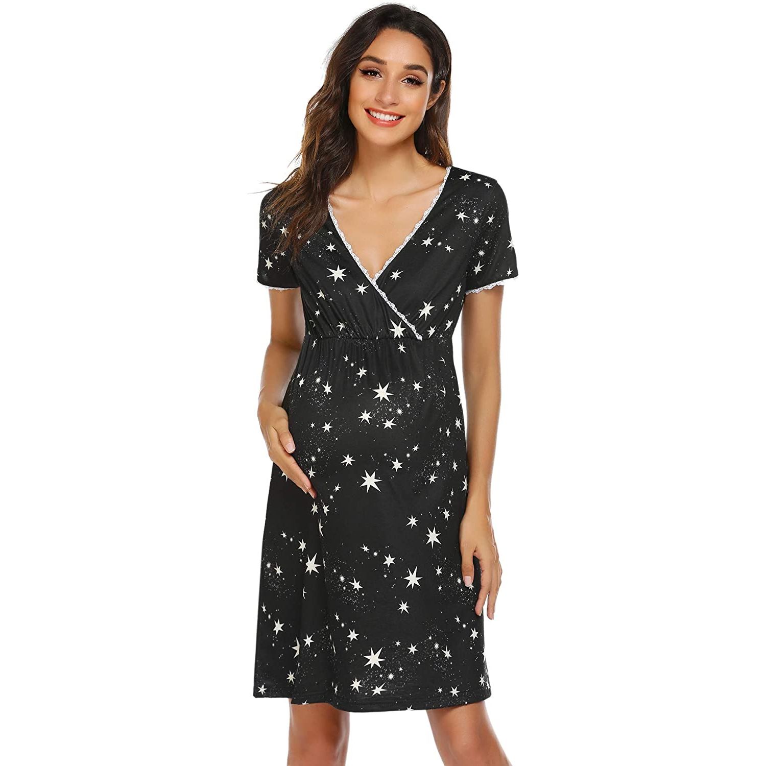 Lace Brim Dress Women's Maternity Casual V neck Star Flower Temu