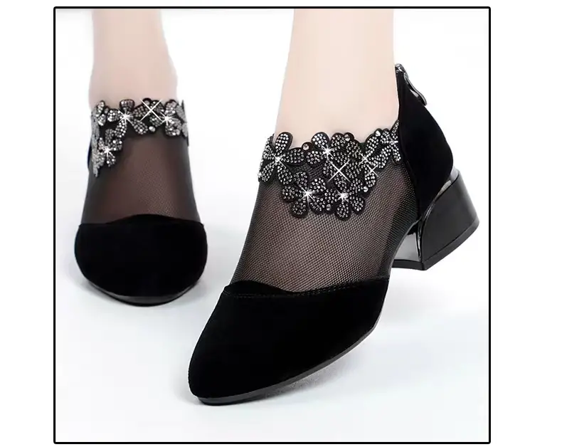 rhinestone mesh block heels women s flower fashion back detalles 3