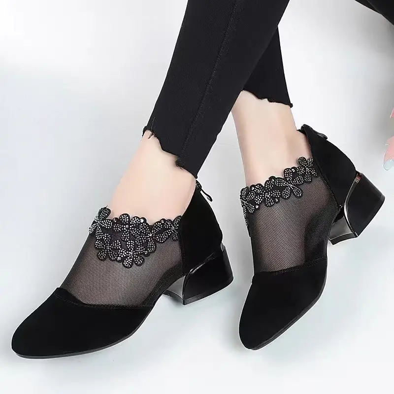 rhinestone mesh block heels women s flower fashion back detalles 5